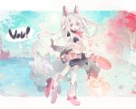  1girl animal_ears azur_lane black_hair boots character_request dog eyebrows eyebrows_visible_through_hair gloves hair_ornament long_hair open_mouth red_eyes red_ribbon ribbon school_uniform silver_hair sketch skirt standing standing_on_one_leg traditional_media very_long_hair watercolor_(medium) 