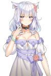  &gt;:( 1girl 5ya animal_ears bangs bare_shoulders breasts cat_ears choker cleavage dress earrings eyebrows_visible_through_hair facial_mark final_fantasy final_fantasy_xiv frown gem grey_hair hair_ornament hand_in_hair hand_up highres jewelry large_breasts looking_at_viewer miqo&#039;te puffy_short_sleeves puffy_sleeves ribbon short_sleeves simple_background slit_pupils solo standing violet_eyes white_background 