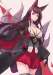  1girl akagi_(azur_lane) animal_ears azur_lane bangs black_gloves black_kimono blunt_bangs breasts brown_hair cleavage cleavage_cutout cowboy_shot foreshortening fox_ears fox_tail gloves grey_legwear highres holding japanese_clothes kimono kitsune kou_v05first large_breasts long_hair long_sleeves looking_at_viewer multiple_tails open_clothes open_kimono parted_lips partly_fingerless_gloves pink_background red_eyes red_skirt sash sidelocks simple_background skirt solo standing tail thigh-highs underbust very_long_hair white_background wide_sleeves zettai_ryouiki 