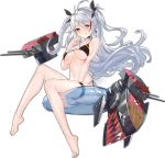  1girl :q azur_lane barefoot bikini black_bikini breasts choker cleavage earrings feet innertube iron_cross jewelry long_hair looking_at_viewer machinery multicolored_hair navel official_art orange_eyes prinz_eugen_(azur_lane) realmbw side-tie_bikini simple_background sitting solo swimsuit toes tongue tongue_out transparent_background turret two-tone_hair two_side_up white_hair 