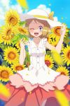  1girl ;d absurdres adjusting_clothes adjusting_hat blue_eyes blue_sky blush clouds day dress flower gazing_eye hat highres holding holding_flower light_brown_hair looking_at_viewer one_eye_closed open_mouth petals pink_dress pokemon pokemon_(anime) pokemon_xy_(anime) serena_(pokemon) sky smile solo standing sun_hat sunflower 
