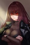  1girl black_jacket breasts brown_hair cleavage closed_mouth commentary_request crossed_arms eyebrows_visible_through_hair fate/grand_order fate_(series) frown gaoyang_ou_nisang hair_between_eyes hair_intakes jacket jacket_on_shoulders large_breasts long_hair long_sleeves looking_at_viewer red_eyes scathach_(fate/grand_order) see-through shaded_face solo sunlight upper_body 