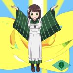  1girl :d ama_usa_an_uniform apron arms_up bangs black_footwear blunt_bangs blush boots breasts brown_hair commentary_request eyebrows_visible_through_hair flower frilled_apron frills full_body gochuumon_wa_usagi_desu_ka? green_eyes green_kimono hair_flower hair_ornament hands_up japanese_clothes kimono long_hair long_sleeves looking_at_viewer maid_apron multicolored multicolored_background open_mouth pink_ribbon pokemon pokemon_(game) pokemon_sm polka_dot_trim ribbon samuko sidelocks small_breasts smile solo standing striped striped_kimono ujimatsu_chiya white_apron white_flower wide_sleeves z-move 
