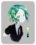  absurdres androgynous bangs collared_shirt color_guide cropped_torso green_hair grey_background highres houseki_no_kuni looking_at_viewer necktie perico phosphophyllite shiny shiny_hair shirt short_hair simple_background solo sparkle wing_collar 