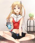  1girl :o azur_lane bangs bare_arms bare_legs barefoot black_gloves black_shorts blonde_hair blue_panties blush breasts cape cleveland_(azur_lane) commentary_request cup drink drinking_straw eyebrows_visible_through_hair fingerless_gloves foreshortening gloves gradient gradient_background grey_background headgear holding holding_cup indian_style light_particles long_hair looking_at_viewer navel on_floor one_side_up open_fly open_mouth outstretched_arm panties panty_peek parted_bangs plant potted_plant red_eyes red_shirt shirt shorts sitting sleeveless small_breasts solo stool tied_shirt underwear unzipped water white_cape wooden_floor 
