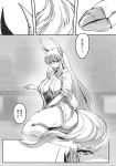  1girl breasts comic ex-keine greyscale highres hooves horns kamishirasawa_keine kitayuki_kajika large_breasts long_hair monochrome open_clothes sideboob tail touhou translation_request 