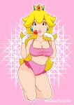  1girl absurdres blonde_hair crown earrings gloves half_gloves highres jewelry lipstick makeup midriff pink_background pink_lips princess_peach solo super_mario_bros. white_gloves wildmuffin2000 