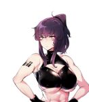  1girl absurdres bangs barcode bare_shoulders black_gloves blush breasts cleavage cleavage_cutout closed_mouth crop_top crop_top_overhang gloves highres large_breasts long_hair original pocari_sweat_(artist) ponytail purple_hair red_eyes solo sweat toned under_boob upper_body 