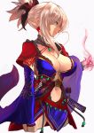  1girl blue_eyes breasts cleavage contrapposto cowboy_shot criss-cross_halter cropped_legs detached_collar detached_sleeves fate/grand_order fate_(series) fujitsubo_(hujitubo0731) hair_ornament halterneck highres jewelry katana large_breasts magatama_necklace miyamoto_musashi_(fate/grand_order) navel navel_cutout o-ring_top pink_hair profile sheath short_ponytail simple_background single_earring single_sidelock solo sword weapon wide_sleeves 