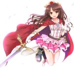  1girl :d belt black_footwear blush boots breasts brown_eyes brown_hair cape capelet full_body gloves holding holding_sword holding_weapon huna idolmaster idolmaster_cinderella_girls long_hair medium_breasts open_mouth pink_skirt plaid plaid_skirt princess_connect! red_cape sheath shimamura_uzuki skirt smile solo sword weapon white_gloves 