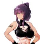  1girl bangs barcode bare_shoulders black_gloves blush breasts cleavage cleavage_cutout closed_mouth crop_top crop_top_overhang gloves highres large_breasts long_hair original pocari_sweat_(artist) ponytail purple_hair red_eyes solo sweat toned under_boob upper_body 