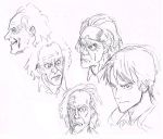  2boys back_to_the_future bangs closed_eyes closed_mouth commentary emmett_brown expressions frown highres looking_at_viewer marty_mcfly multiple_boys murata_yuusuke old_man parted_lips profile scan smile traditional_media 