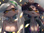  +_+ 2girls ;d aori_(splatoon) bare_shoulders black_hair black_jacket breasts bridal_veil buttons cleavage closed_mouth collarbone collared_shirt commentary cousins crown detached_collar domino_mask dress dress_shirt earrings falling_petals fangs food food_on_head glint glowing_petals gradient gradient_background grey_background grey_hair highres hoop_earrings hotaru_(splatoon) jacket jewelry kashu_(hizake) lace long_hair looking_at_viewer mask medium_breasts mini_crown mole mole_under_eye monster_girl multiple_girls object_on_head one_eye_closed open_clothes open_jacket open_mouth open_shirt petals pointy_ears shade shiny shiny_hair shiny_skin shirt short_eyebrows short_hair smile splatoon strapless strapless_dress striped_jacket tentacle_hair upper_body veil white_shirt wife_and_wife yellow_eyes yuri 