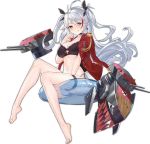  1girl :q azur_lane barefoot bikini black_bikini breasts choker cleavage earrings epaulettes feet innertube iron_cross jewelry long_hair looking_at_viewer machinery military military_uniform multicolored_hair naval_uniform official_art orange_eyes prinz_eugen_(azur_lane) realmbw side-tie_bikini simple_background sitting solo swimsuit toes tongue tongue_out transparent_background turret two-tone_hair two_side_up uniform white_hair 