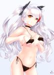  1girl antenna_hair azur_lane bikini black_bikini blush breasts choker closed_mouth collarbone erect_nipples eyebrows_visible_through_hair gluteal_fold hair_ribbon heart heart-shaped_boob_challenge heart_hands highres infinote large_breasts long_hair looking_at_viewer mole mole_on_breast multicolored_hair navel orange_eyes prinz_eugen_(azur_lane) ribbon side-tie_bikini silver_hair simple_background smile solo swimsuit twintails two_side_up very_long_hair white_background 