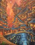  acrylic_paint_(medium) architecture bridge city commentary_request curtains door east_asian_architecture fantasy full_moon highres kemi_neko moon no_humans original outdoors red red_sky scenery sky stairs star_(sky) traditional_media window 