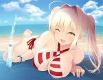  1girl ;d ahoge barefoot beach bikini blonde_hair blue_sky bracelet breasts cait cleavage criss-cross_halter day earrings eyebrows_visible_through_hair fate/grand_order fate_(series) fisheye green_eyes hair_intakes halterneck jewelry large_breasts long_hair looking_at_viewer lying nero_claudius_(swimsuit_caster)_(fate) on_stomach one_eye_closed open_mouth outdoors saber_extra side-tie_bikini sky smile solo striped striped_bikini swimsuit twintails 