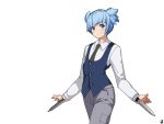  1boy ansatsu_kyoushitsu blue_eyes blue_hair blue_vest closed_mouth collared_shirt commentary_request grey_pants hidden_blade looking_at_viewer male_focus necktie pants rheez shiota_nagisa shirt short_twintails signature simple_background smile solo standing twintails two_side_up vest white_background white_shirt wrist_blades 