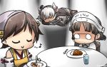  3girls amatsukaze_(kantai_collection) apron bare_shoulders black_dress brown_hair capelet closed_eyes commentary_request cup curry curry_rice dated detached_sleeves dress drinking_glass food glasses hair_tubes hairband hamu_koutarou headgear hiei_(kantai_collection) highres japanese_clothes kantai_collection long_hair long_sleeves multiple_girls musical_note nontraditional_miko pince-nez quaver rensouhou-kun ribbon-trimmed_sleeves ribbon_trim rice roma_(kantai_collection) short_hair silver_hair sitting smile spoon thigh-highs two_side_up windsock yellow_apron 
