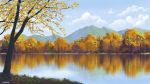  artist_name autumn_leaves blue_sky clouds cloudy_sky commentary day forest grass lake making_of mclelun mountain nature no_humans original outdoors plant reflection scenery sky tree water_surface 
