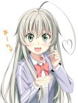  1girl :3 :d ahoge blue_jacket blush cherry collared_shirt commentary_request feeding food fruit green_eyes grey_hair haiyore!_nyaruko-san heart_ahoge holding holding_spoon jacket long_hair long_sleeves looking_at_viewer macchaume neck_ribbon nyarlathotep_(nyaruko-san) open_mouth pov red_ribbon ribbon shirt simple_background smile solo spoon upper_body white_background 