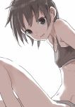  1girl absurdres bangs bare_shoulders black_eyes black_hair breasts buruma close-up eyebrows_visible_through_hair from_side highres legs looking_at_viewer looking_to_the_side navel parted_lips short_hair simple_background sitting sketch small_breasts solo tank_top white_background yamamoto_souichirou 