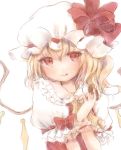  1girl bangs bebitera blonde_hair closed_mouth commentary_request cookie flandre_scarlet food hat hat_ribbon holding licking_lips light_smile long_hair looking_at_viewer mob_cap red_eyes red_ribbon ribbon solo tongue tongue_out touhou upper_body white_hat wings wrist_cuffs 