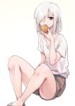  1girl bare_legs belt brown_shorts commentary_request eating food grey_eyes grey_hair hair_over_one_eye highres holding holding_food no_socks one_eye_covered oopartz_yang open_mouth original sandals shirt short_hair short_sleeves shorts simple_background sitting solo white_background white_shirt 