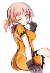  1girl ;p arm_support ass bangs black_gloves blush bodysuit breasts closed_mouth eyebrows_visible_through_hair from_side gloves hair_tie kurasuke long_hair long_sleeves looking_at_viewer looking_to_the_side medium_breasts mezzo_forte one_eye_closed orange_bodysuit pink_hair short_twintails sidelocks sitting sketch smile solo suzuki_mikura tongue tongue_out twintails 