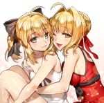  2girls ;d ahoge armpits artoria_pendragon_(all) bangs bare_shoulders blonde_hair blush bow breasts camisole closed_mouth fate/extra fate/stay_night fate_(series) ganik green_eyes hair_bow hair_intakes hair_ribbon highres large_breasts looking_at_viewer multiple_girls one_eye_closed open_mouth ponytail ribbon saber_extra saber_lily sideboob sitting smile strap_slip yellow_eyes 