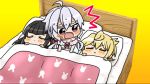  /\/\/\ 3girls :&lt; aczhalz ahoge akatsuki_kirika animal_print bangs bed black_hair blonde_hair blunt_bangs blush_stickers bunny_print lying multiple_girls on_back open_mouth pillow purple_hair senki_zesshou_symphogear sleeping sweat tsukuyomi_shirabe violet_eyes yukine_chris 