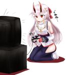  1girl bare_shoulders breasts commentary_request controller fate/grand_order fate_(series) fingerless_gloves game_controller gloves headband highres japanese_clothes kogaciel long_hair oni_horns playing_games red_eyes red_gloves seiza sideboob sitting solo sweat television thigh_gap tomoe_gozen_(fate/grand_order) translation_request white_background white_hair 