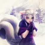  1girl alexandra_mae animal_ears artist_name chromatic_aberration eyeliner facial_mark forehead_mark gloves green_eyes hair_bun hands_together makeup original purple_gloves signature silver_hair smile solo squirrel_ears squirrel_tail tail tree upper_body watermark web_address winter_clothes 