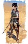  1girl absurdres armor bangs black_hair breastplate cape closed_mouth desert faulds greaves grey_eyes highres holding holding_sword holding_weapon legs_apart light_smile looking_at_viewer original red_cape roman_clothes sand sandals sheath short_sleeves sketch soldier solo standing sword toga treeware weapon 