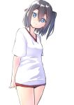  1girl arms_behind_back black_hair blue_eyes blush closed_mouth commentary cowboy_shot eyebrows_visible_through_hair gym_shirt gym_shorts hair_between_eyes head_tilt headband legs_together one_side_up original shirt short_hair short_sleeves shorts simple_background smile solo standing suzunari_shizuku white_background white_shirt yuki_arare 