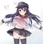  !? /\/\/\ 1girl akatsuki_(kantai_collection) black_legwear blush bright_pupils camisole cowboy_shot flat_chest gradient gradient_background haregama_shiina hat highres kantai_collection long_hair long_sleeves navel outstretched_arms panties pleated_skirt purple_hair school_uniform serafuku shirt_lift simple_background skirt solo sweatdrop thigh-highs underwear violet_eyes white_panties 