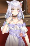  &gt;:( 1girl 5ya animal_ears bangs bare_shoulders breasts cat_ears choker cleavage dress earrings eyebrows_visible_through_hair facial_mark final_fantasy final_fantasy_xiv frown gem grey_hair hair_ornament hand_in_hair hand_up highres jewelry large_breasts looking_at_viewer miqo&#039;te puffy_short_sleeves puffy_sleeves ribbon short_sleeves slit_pupils solo standing violet_eyes 