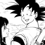  1boy 1girl black_eyes black_hair chi-chi clouds couple dragon_ball happy looking_at_another miiko_(drops7) monochrome nyoibo open_mouth simple_background smile son_gokuu talking white_background 