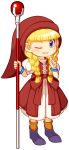  1girl ;) absurdres blonde_hair blue_eyes blue_footwear bracelet braid dragon_quest_xi dress full_body highres hood jewelry looking_at_viewer mami_(mamisan_www) one_eye_closed red_dress smile solo staff standing veronica_(dq11) 