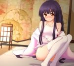  1girl bangs bare_shoulders bed_sheet black_hair blush breasts brown_eyes camisole closed_mouth commentary_request eyebrows_visible_through_hair highres houraisan_kaguya indoors japanese_clothes kimono long_hair looking_at_viewer nose_blush sidelocks sitting small_breasts solo sweat teoi_(good_chaos) thigh-highs touhou very_long_hair white_legwear 