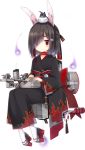  1girl :&lt; animal_ears artist_request azur_lane black_hair fake_animal_ears hair_ornament hair_over_one_eye hairpin headgear hitodama japanese_clothes kimono looking_at_viewer machinery official_art platform_clogs red_eyes shiranui_(azur_lane) short_hair simple_background sitting solo torpedo_tubes transparent_background turret 