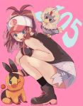  1girl black_footwear black_jacket black_legwear blue_eyes blue_shorts brown_hair face full_body hat highres jacket long_hair open_mouth pink_background poke_ball pokemon pokemon_(game) pokemon_bw ponytail shirt shorts smile smiley_face tepig touko_(pokemon) white_hat white_shirt 