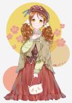  1girl absurdres bag bajiang brown_hair dated flower hair_ornament hairclip hand_up handbag hat highres lolita_fashion looking_at_viewer original red_skirt skirt smile standing twintails yellow_eyes 