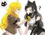  2girls black_hair blake_belladonna blonde_hair commentary_request multiple_girls naizo_(kimosugimasu) rwby touching_another&#039;s_chin yang_xiao_long 