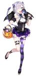  1girl asymmetrical_clothes blue_eyes corset demon_tail full_body hair_over_one_eye halloween highres horns hoyashi_rebirth nail_polish pantyhose short_hair silver_hair simple_background sleeveless solo standing tail thigh_strap torn_clothes torn_pantyhose white_background wristband 