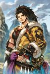  1boy black_eyes black_hair facial_hair final_fantasy final_fantasy_xiv fur_trim hien_(ffxiv) highres hyur long_hair looking_at_viewer makimura_shunsuke muscle outdoors ponytail scar solo standing sword weapon 