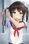  1girl adjusting_hair black_hair blurry commentary_request depth_of_field green_eyes highres long_hair looking_at_viewer mouth_hold original racchi. school_uniform serafuku solo twintails 