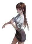  1girl absurdres black_skirt brown_eyes brown_hair closed_mouth collared_shirt cowboy_shot dress_shirt highres long_hair looking_away pencil_skirt shirt simple_background skirt sleeves_rolled_up smile solo standing treeware white_background white_shirt 