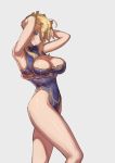  1girl ahoge armpits arms_behind_head arms_up artoria_pendragon_(all) artoria_pendragon_(lancer) bangs bare_arms bare_legs bare_shoulders blonde_hair blue_eyes blue_leotard blush breasts cleavage cleavage_cutout closed_mouth covered_navel crown emoshon eyebrows eyebrows_visible_through_hair eyes_visible_through_hair facing_away fate/grand_order fate_(series) frown hair_between_eyes head_tilt highleg highleg_leotard highres large_breasts legs leotard light_frown long_hair looking_at_viewer short_hair_with_long_locks sidelocks silver_background simple_background solo standing taut_clothes taut_leotard 