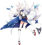  1girl animal_ears artist_request azur_lane blue_eyes breasts cleavage eyeshadow flight_deck fox_ears fox_mask fox_tail holding japanese_clothes kaga_(azur_lane) looking_at_viewer makeup mask multiple_tails official_art shikigami short_hair simple_background smile solo tail transparent_background white_hair 